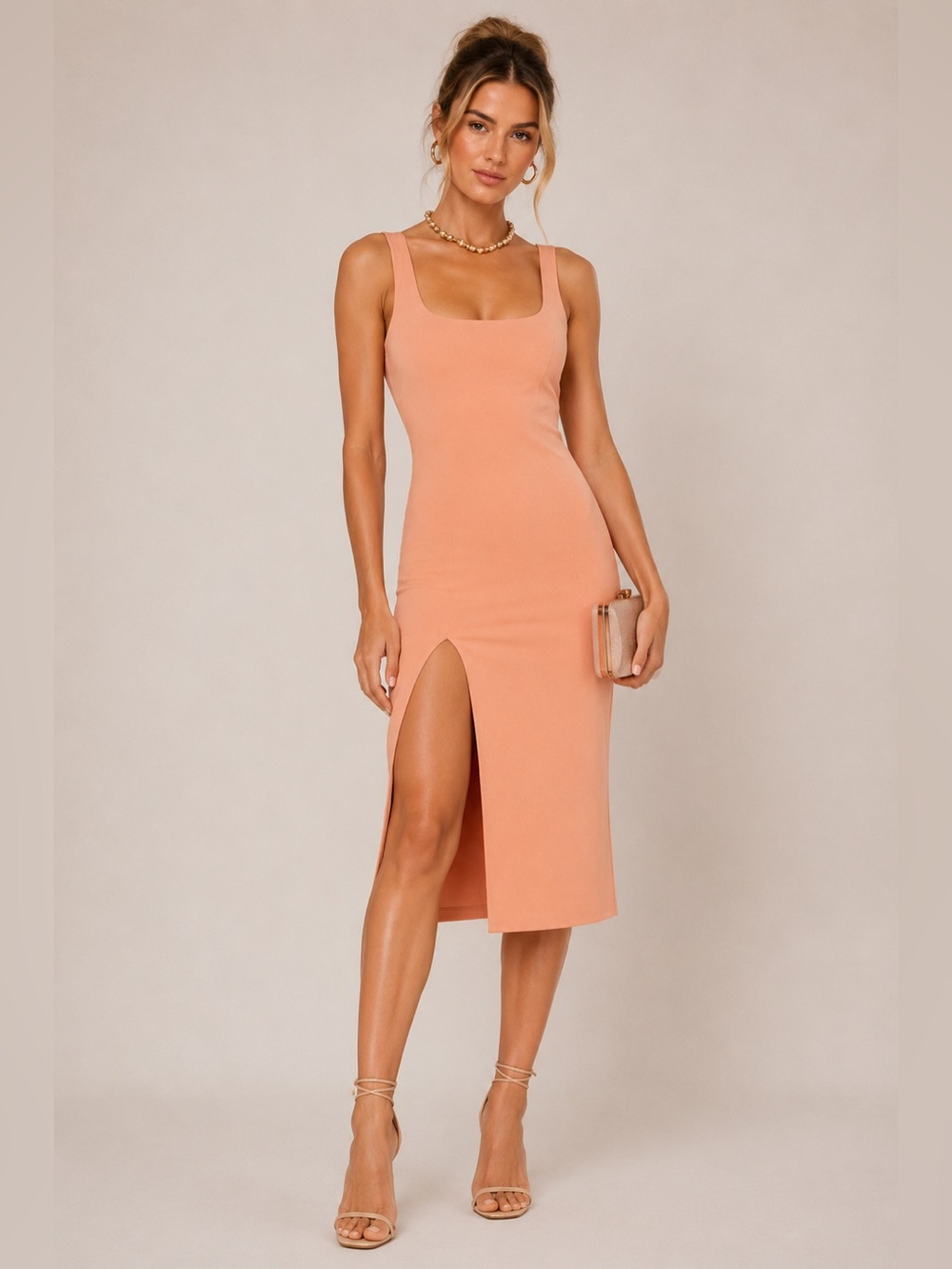 NBD Peach Square-Neck Sleeveless Midi Dress with Front Slit